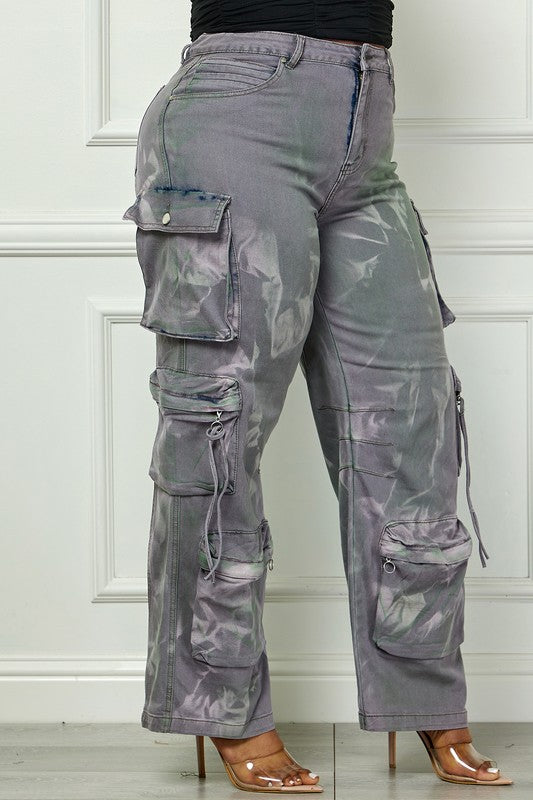 Time to Shine Grey Acid Wash High Waisted Cargo Plus Size Pants