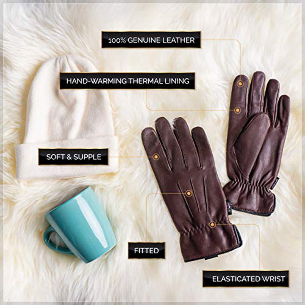 Women's Warm Winter Dress And Work Gloves, Thermal Lining, Genuine Brown Leather